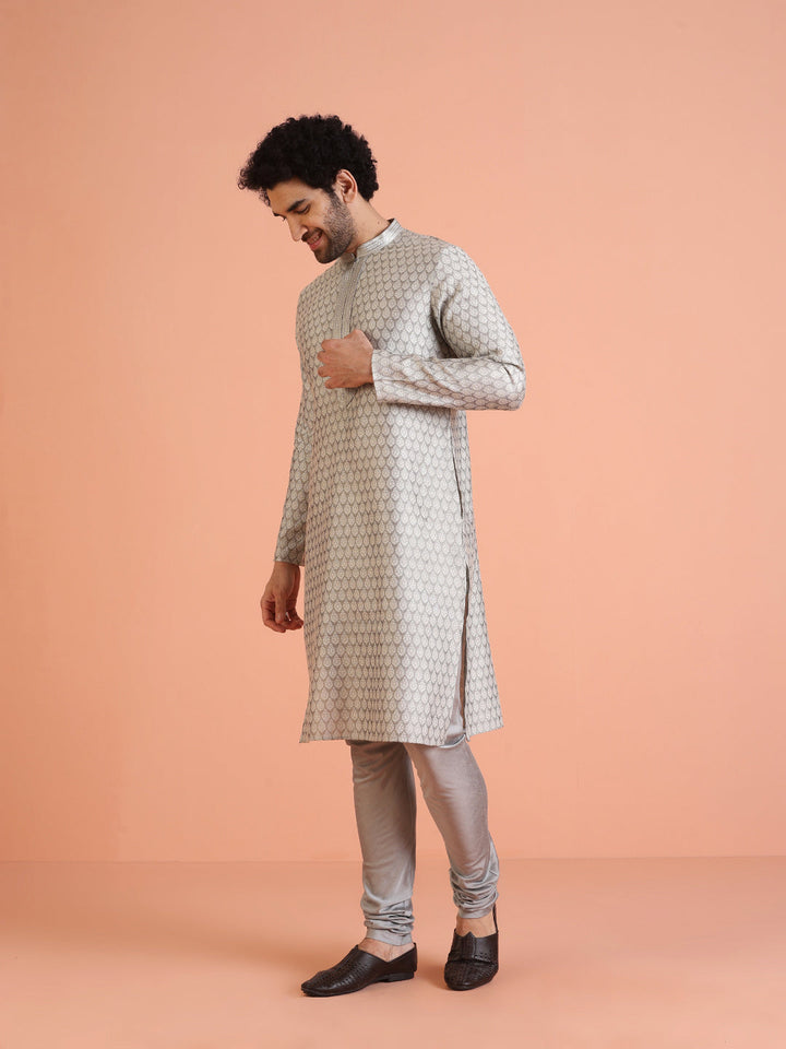 Men Grey Jacquard Ethnic Motifs Kurta Churidar Set | SHOBITAM