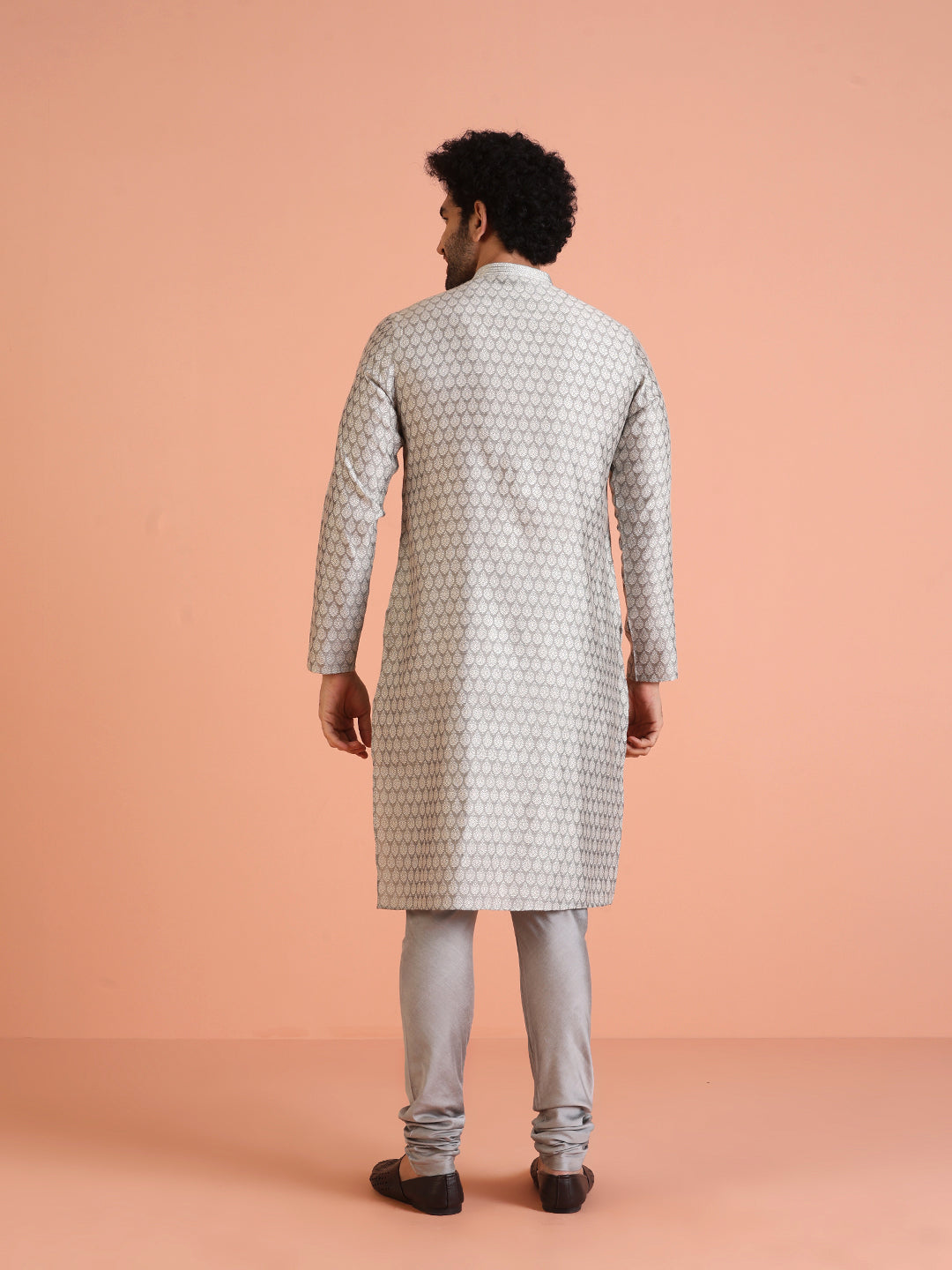 Men Grey Jacquard Ethnic Motifs Kurta Churidar Set | SHOBITAM