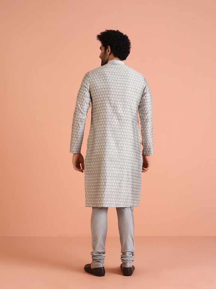 Men Grey Jacquard Ethnic Motifs Kurta Churidar Set | SHOBITAM