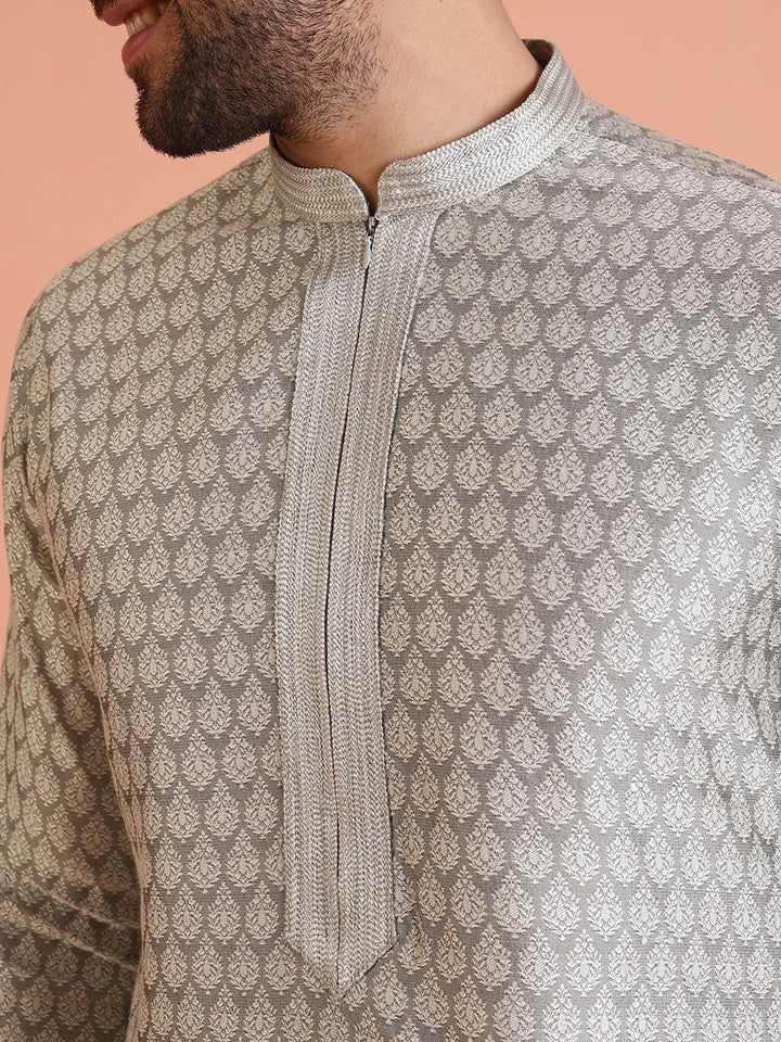 Men Grey Jacquard Ethnic Motifs Kurta Churidar Set | SHOBITAM