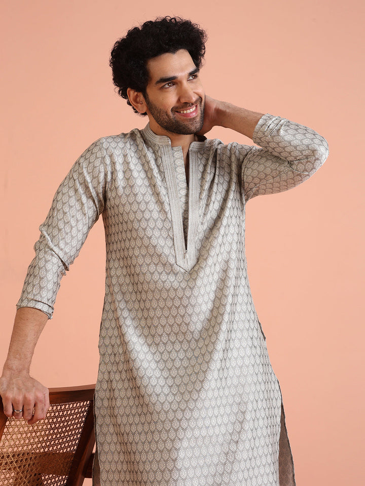 Men Grey Jacquard Ethnic Motifs Kurta Churidar Set | SHOBITAM