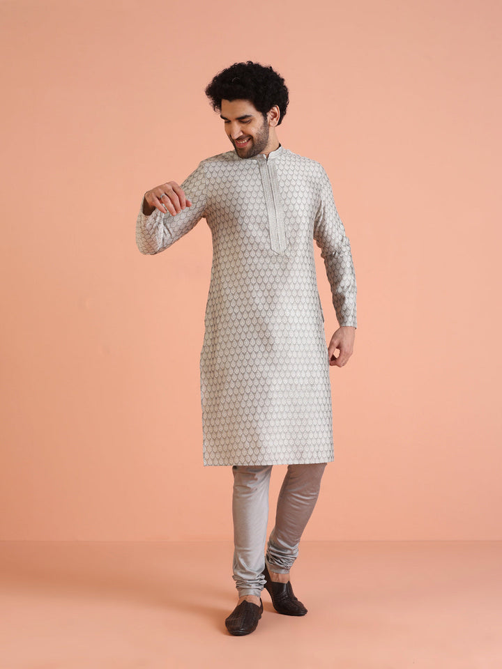 Men Grey Jacquard Ethnic Motifs Kurta Churidar Set | SHOBITAM