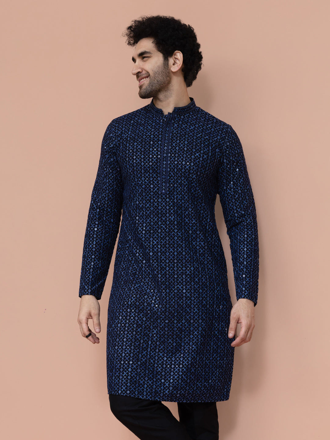 Men Blue Geometric Heavy Thread Work Kurta  | SHOBITAM