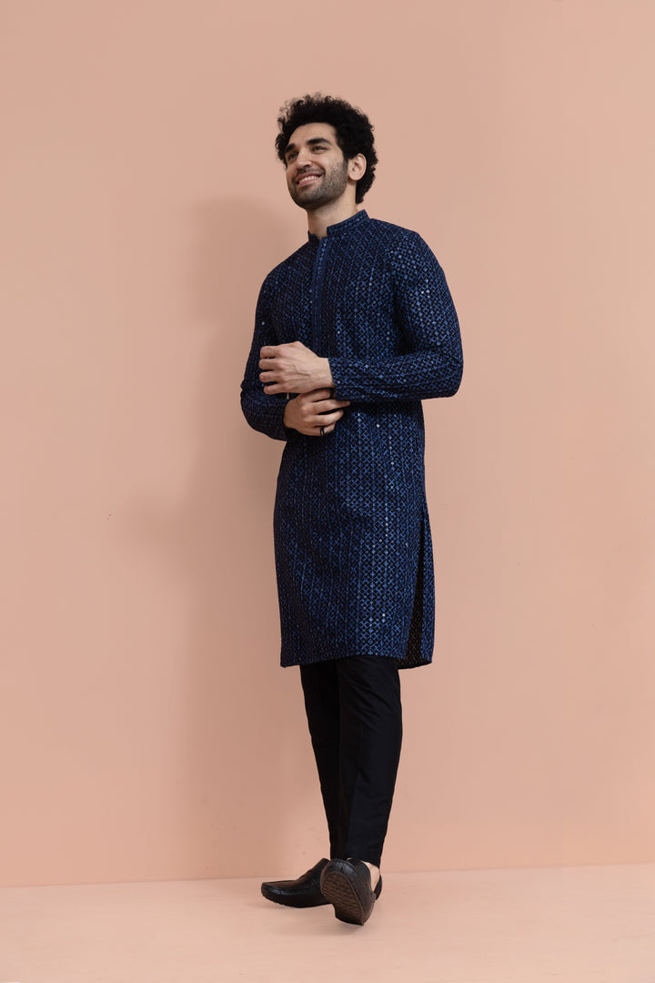 Men Blue Geometric Heavy Thread Work Kurta  | SHOBITAM
