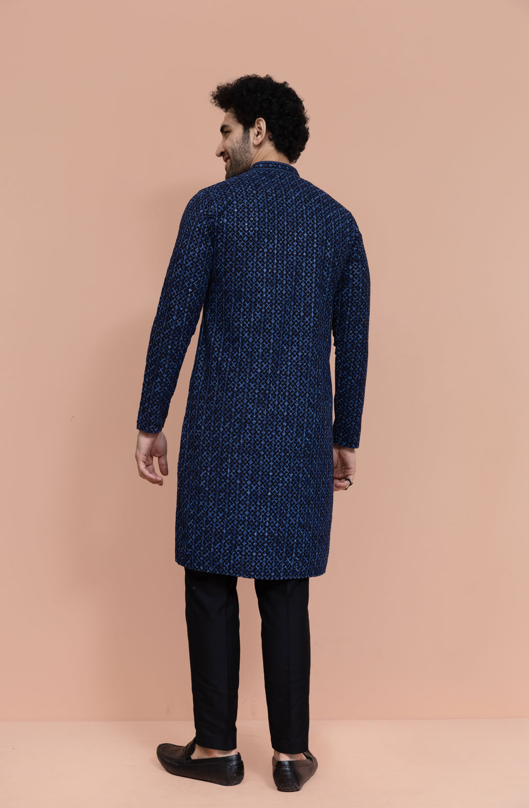 Men Blue Geometric Heavy Thread Work Kurta  | SHOBITAM