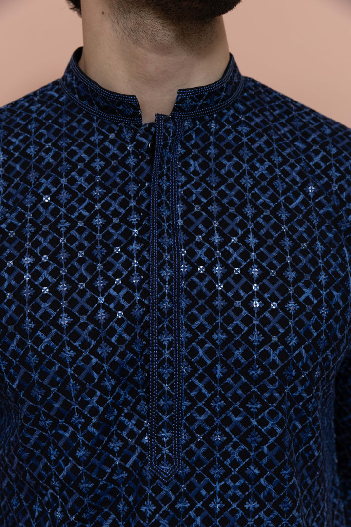 Men Blue Geometric Heavy Thread Work Kurta  | SHOBITAM