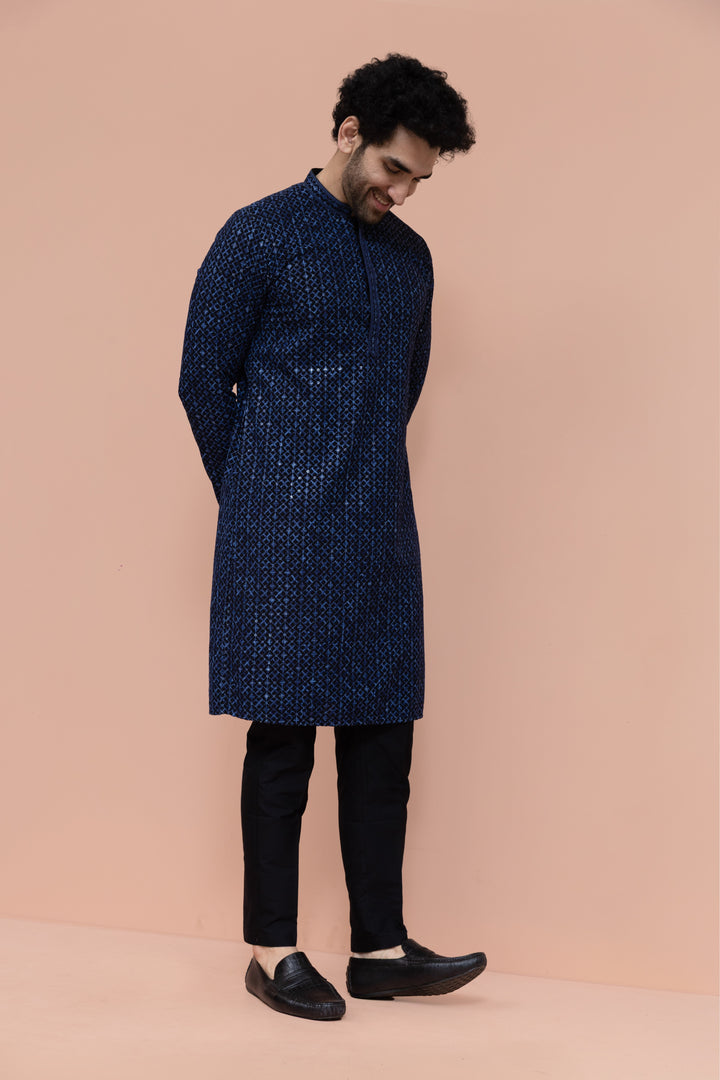 Men Blue Geometric Heavy Thread Work Kurta  | SHOBITAM