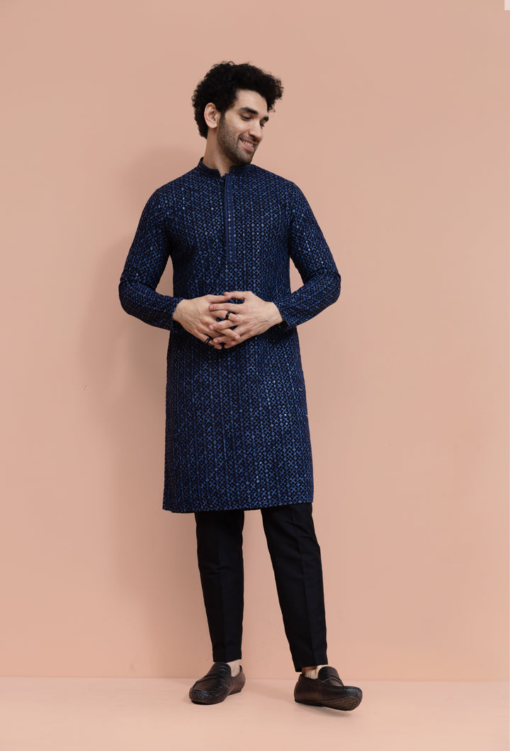 Men Blue Geometric Heavy Thread Work Kurta  | SHOBITAM