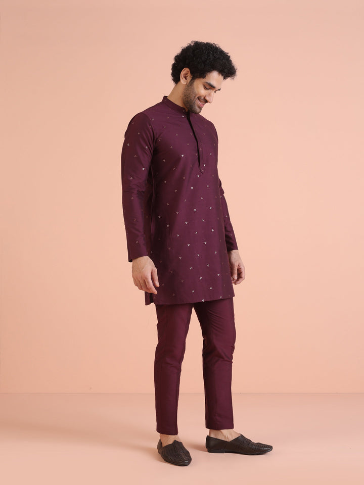 Men Wine Embellished Kurta with Sequined  | SHOBITAM