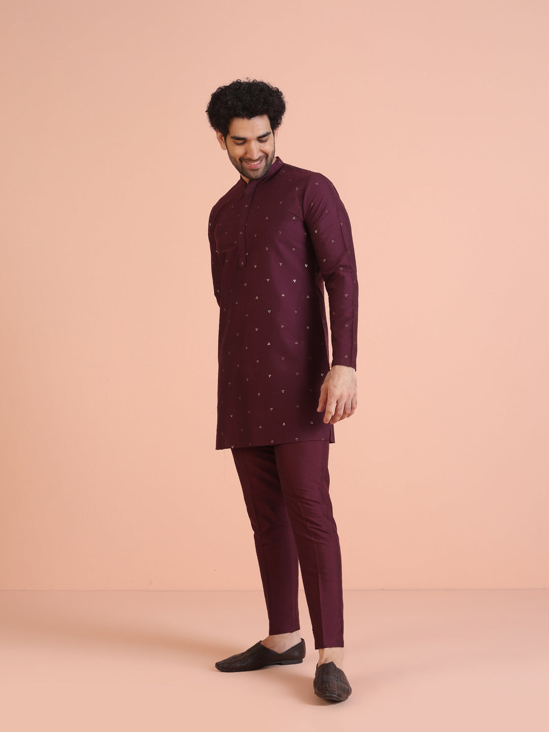 Men Wine Embellished Kurta with Sequined  | SHOBITAM