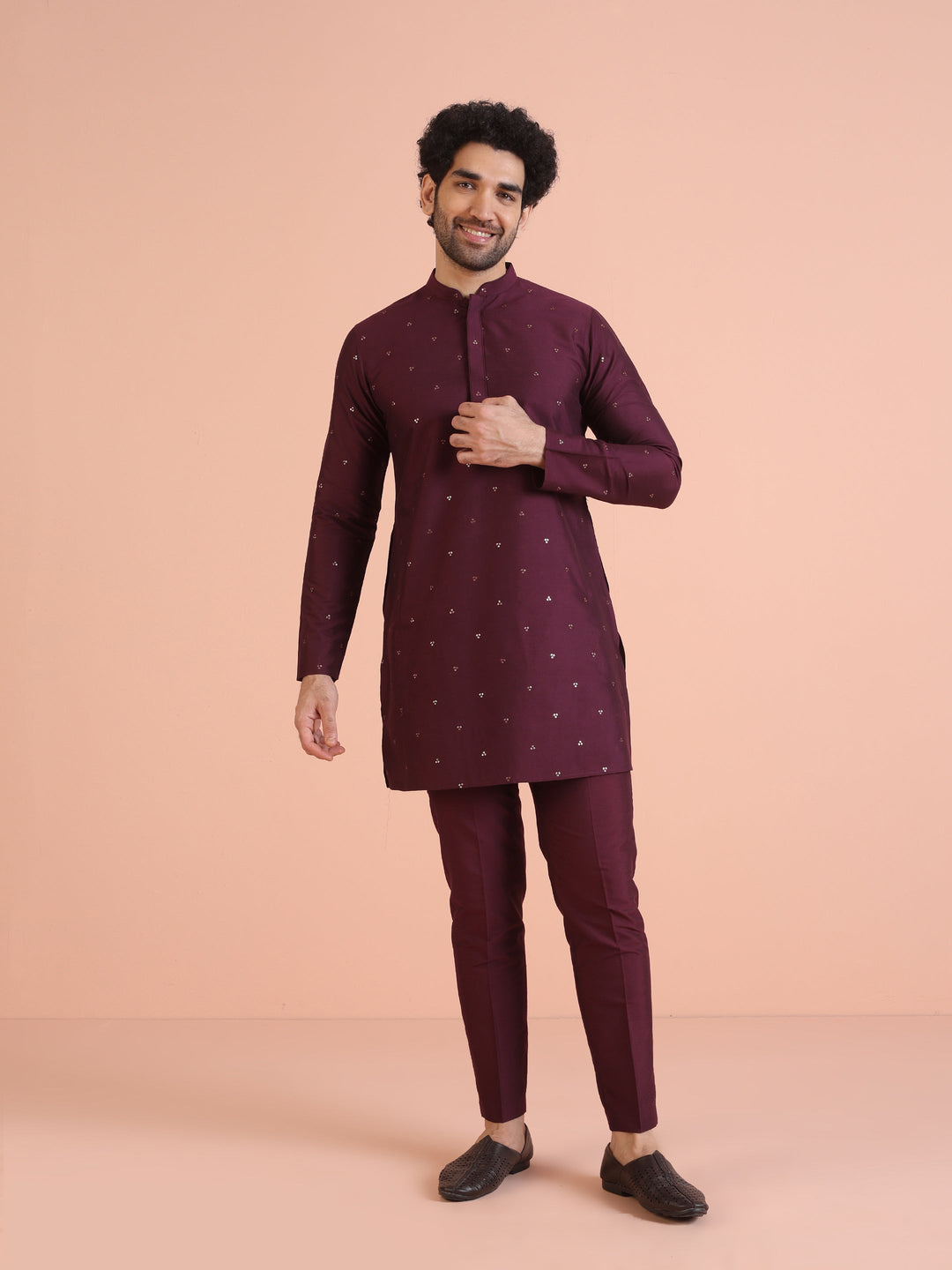Men Wine Embellished Kurta with Sequined  | SHOBITAM