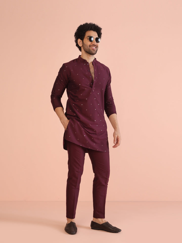 Men Wine Embellished Kurta with Sequined  | SHOBITAM