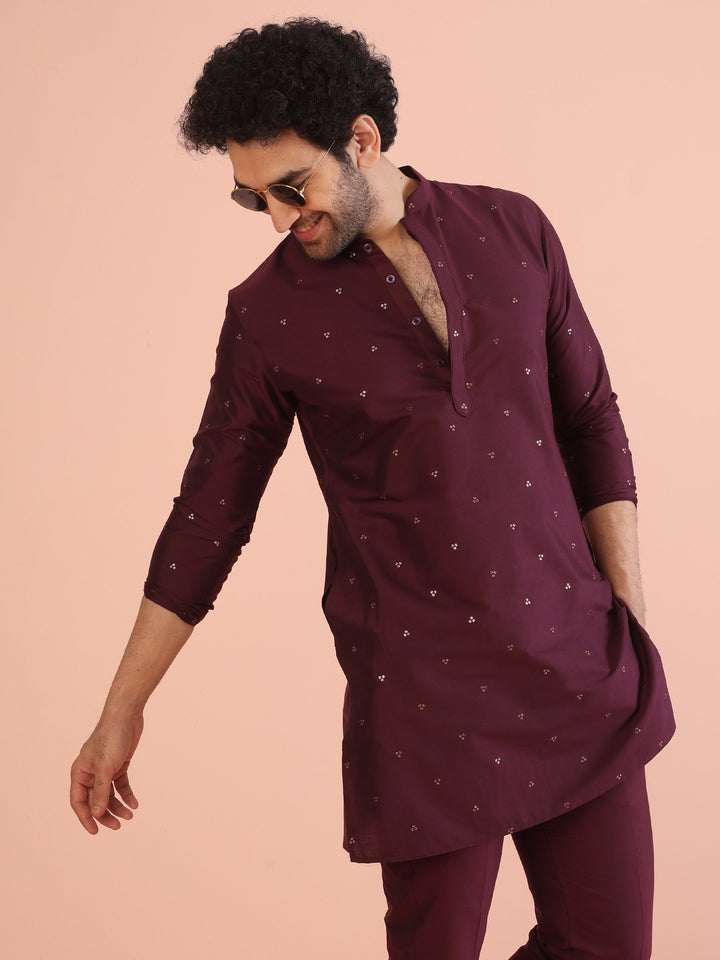 Men Wine Embellished Kurta with Sequined  | SHOBITAM