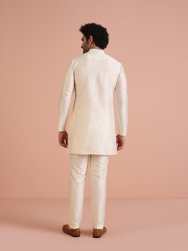 Men Off White Embroidered Kurta with Sequinned  | SHOBITAM