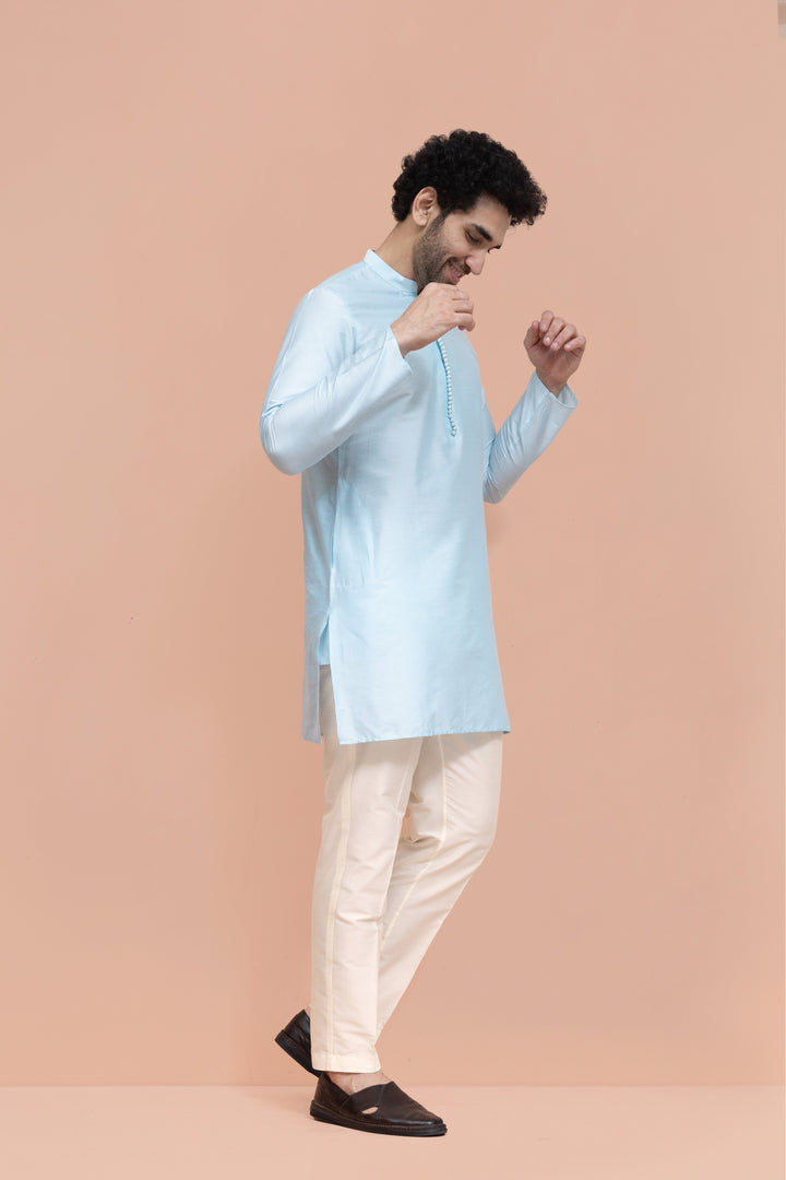 Men Blue Solid Mid Kurta Trouser Set | SHOBITAM