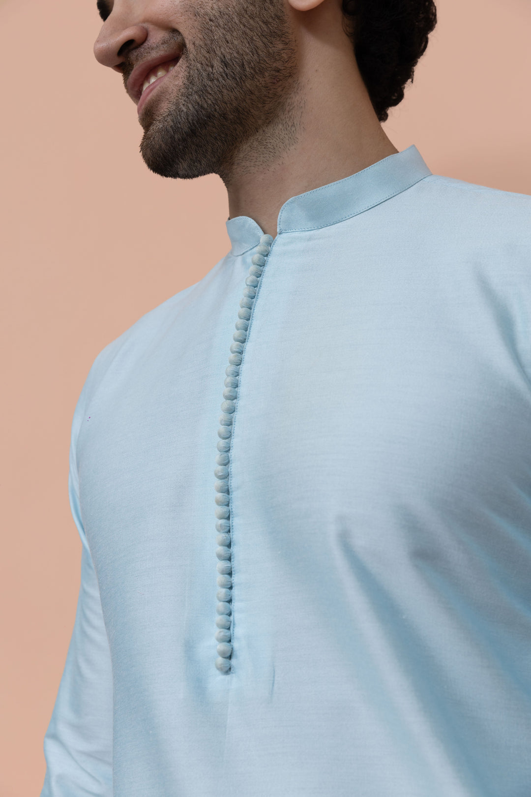 Men Blue Solid Mid Kurta Trouser Set | SHOBITAM
