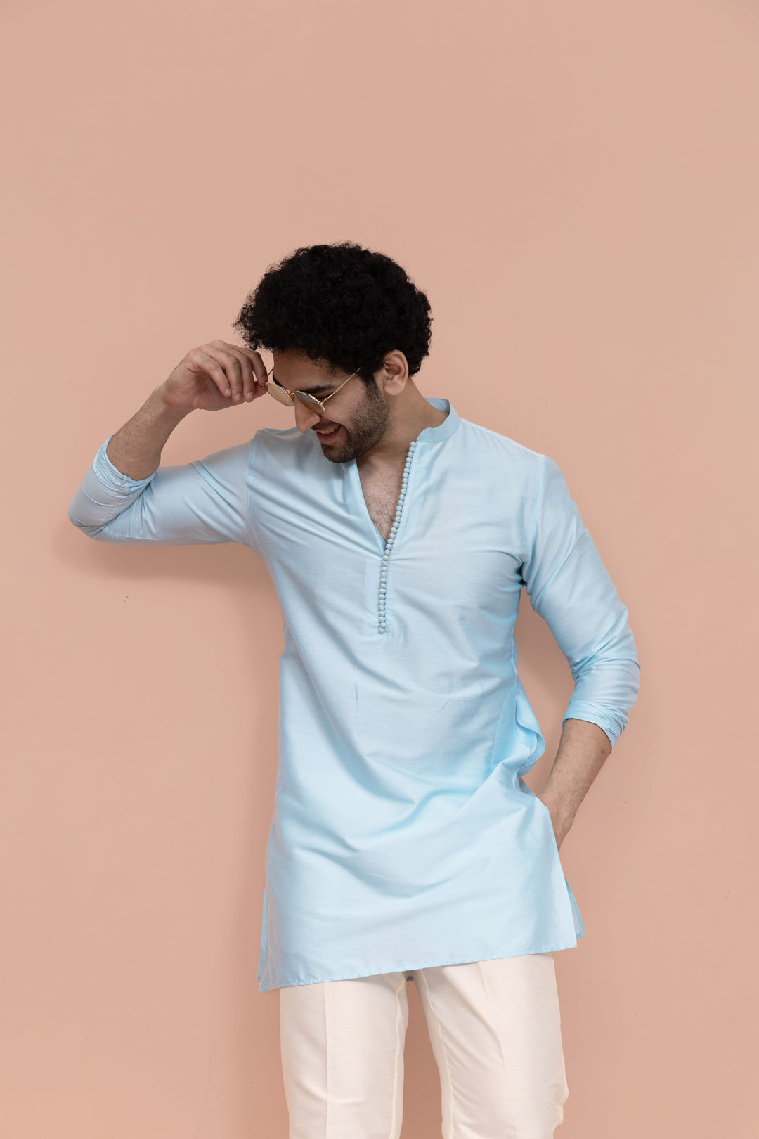 Men Blue Solid Mid Kurta Trouser Set | SHOBITAM