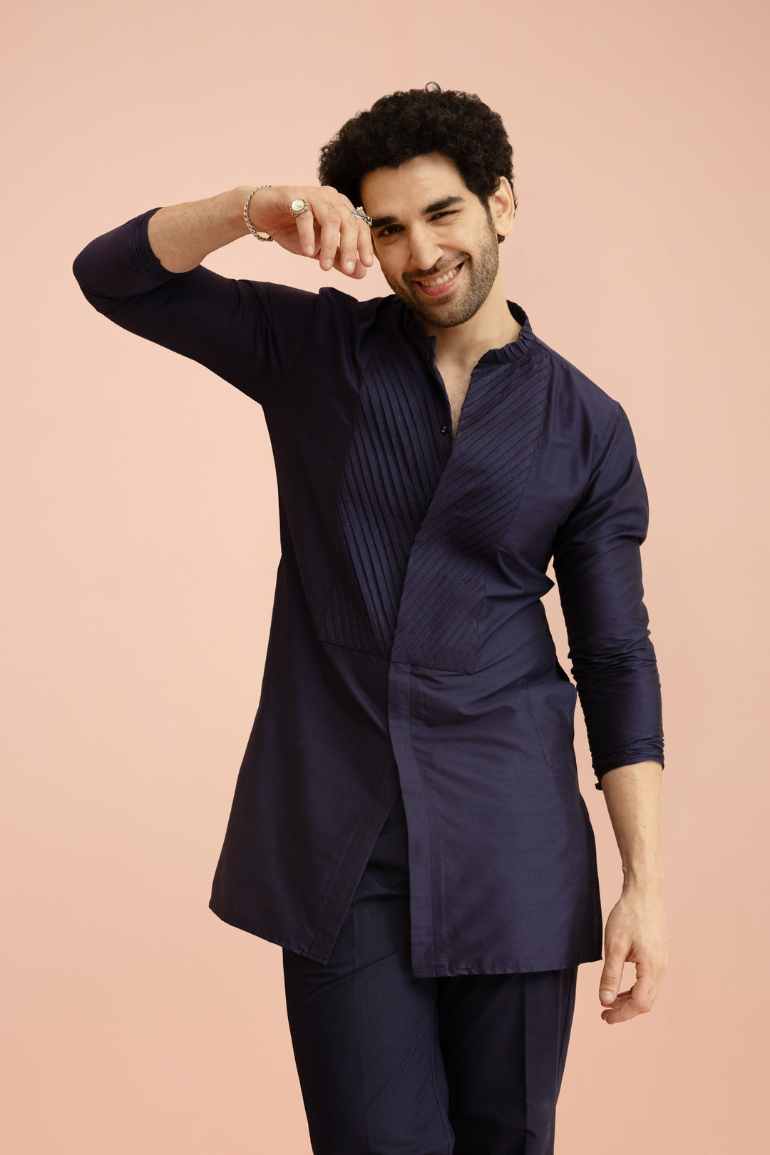 Men Navy Blue Yoke Design Pleating Front Open Kurta | SHOBITAM