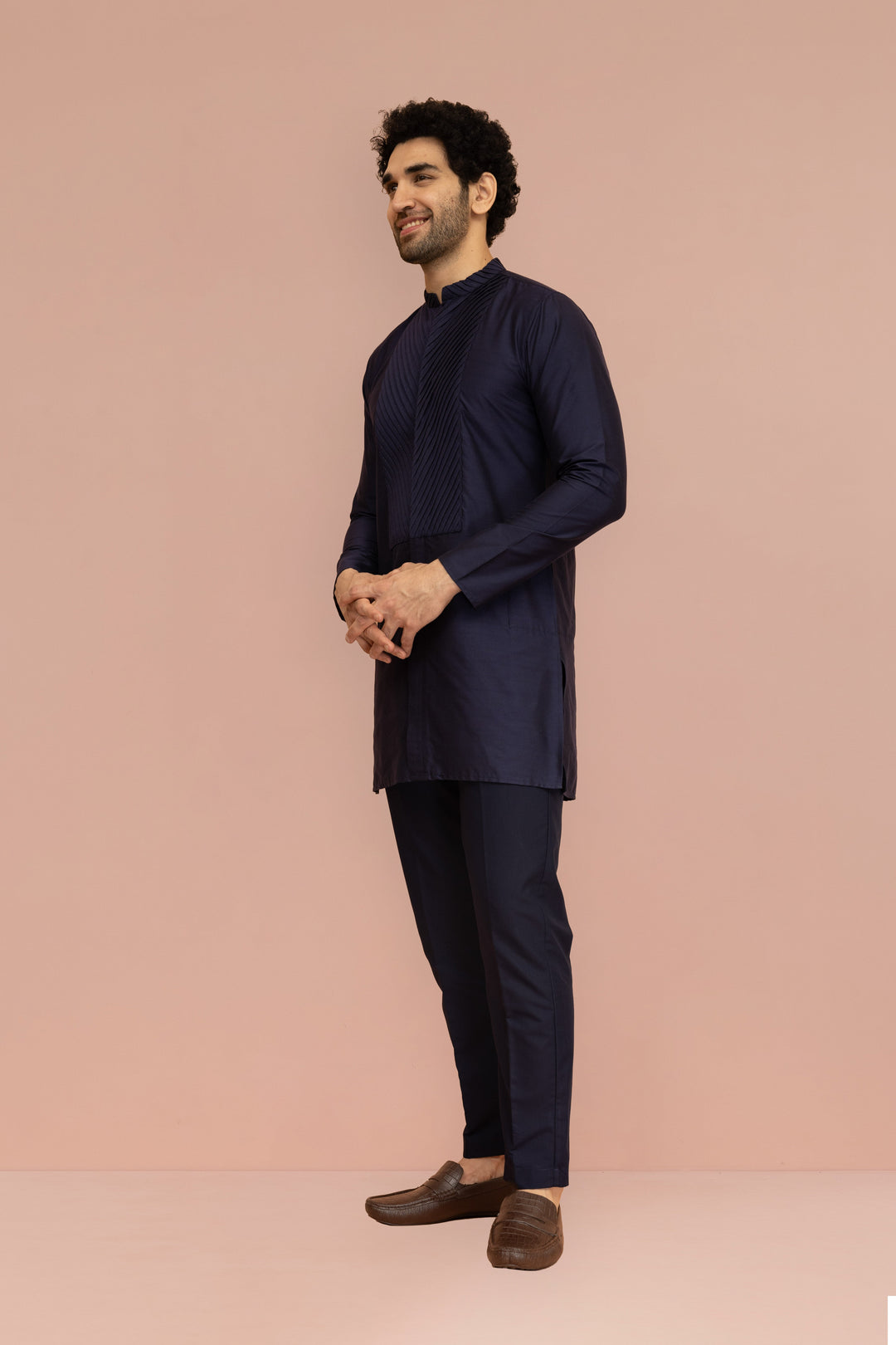 Men Navy Blue Yoke Design Pleating Front Open Kurta | SHOBITAM