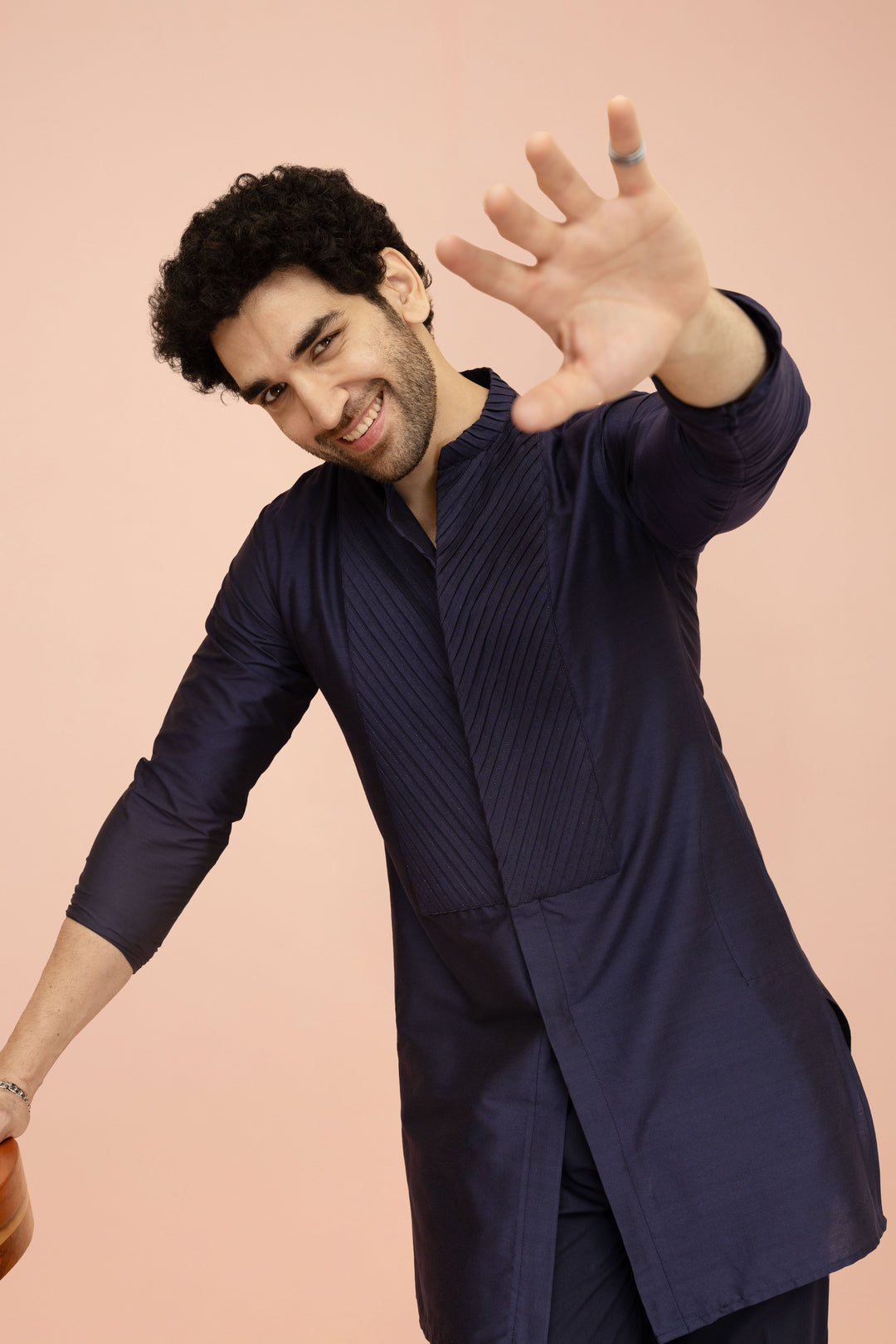Men Navy Blue Yoke Design Pleating Front Open Kurta | SHOBITAM