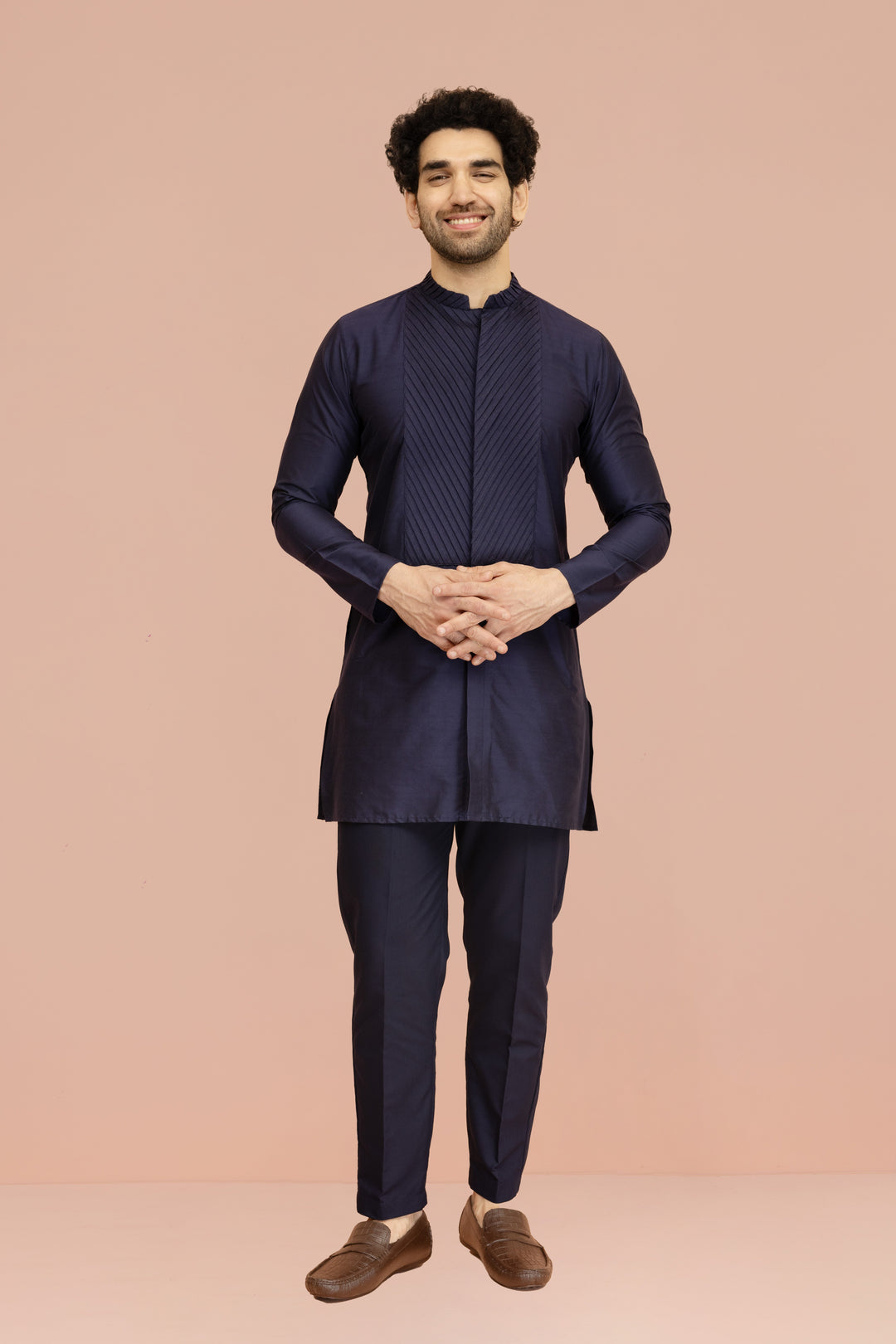 Men Navy Blue Yoke Design Pleating Front Open Kurta | SHOBITAM