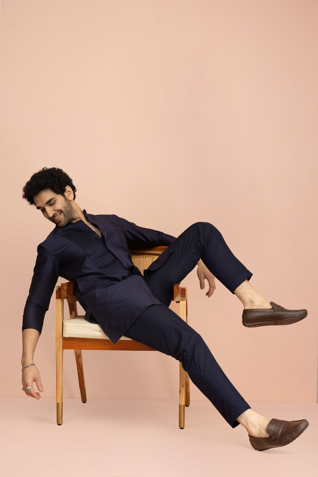 Men Navy Blue Yoke Design Pleating Front Open Kurta | SHOBITAM