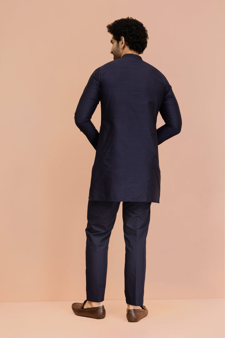 Men Navy Blue Yoke Design Pleating Front Open Kurta | SHOBITAM