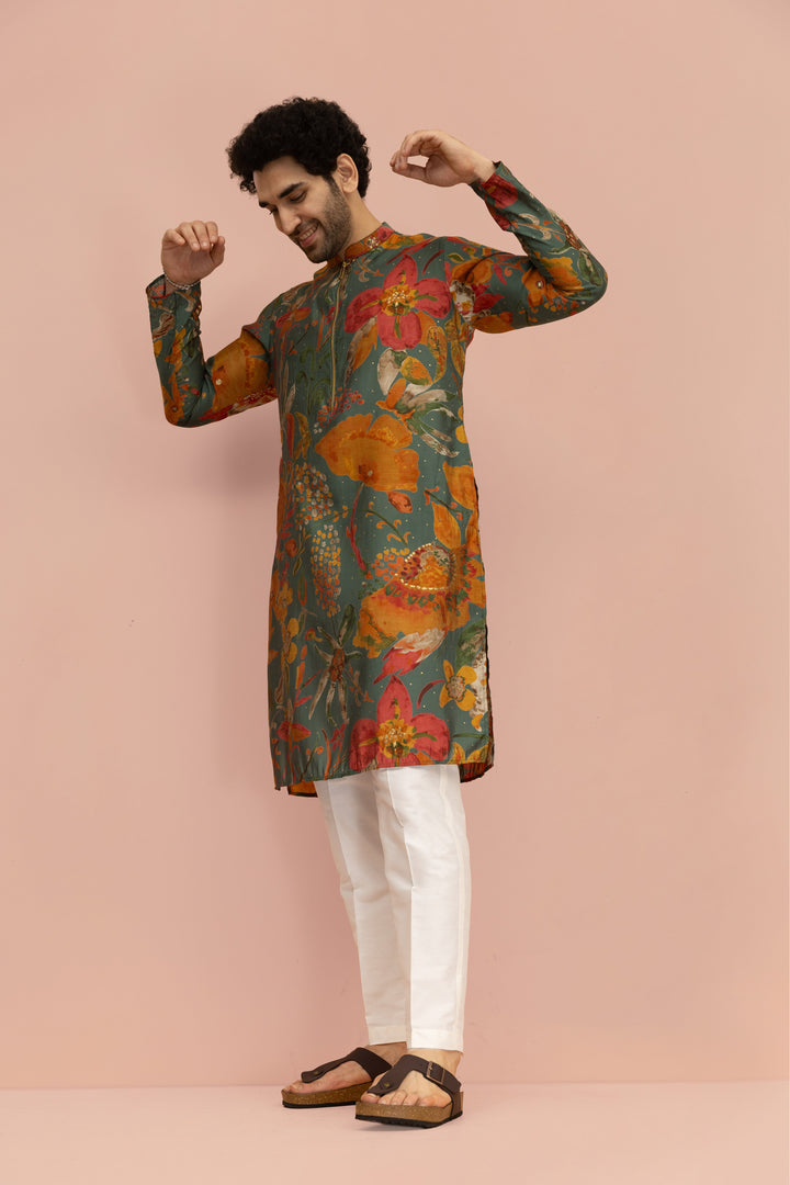 Men Multi Abstract Fluid Print Kurta | SHOBITAM