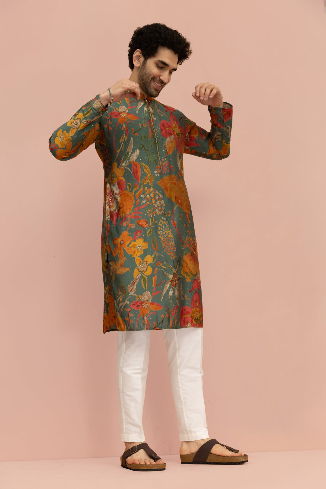 Men Multi Abstract Fluid Print Kurta | SHOBITAM