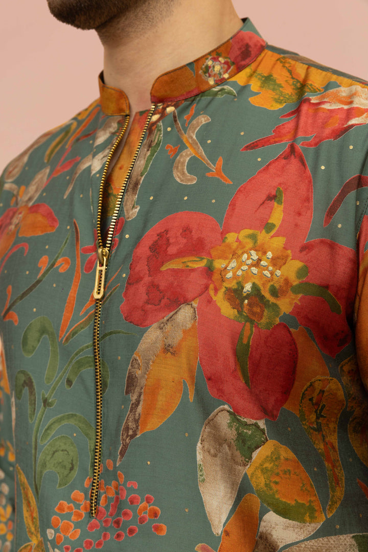 Men Multi Abstract Fluid Print Kurta | SHOBITAM