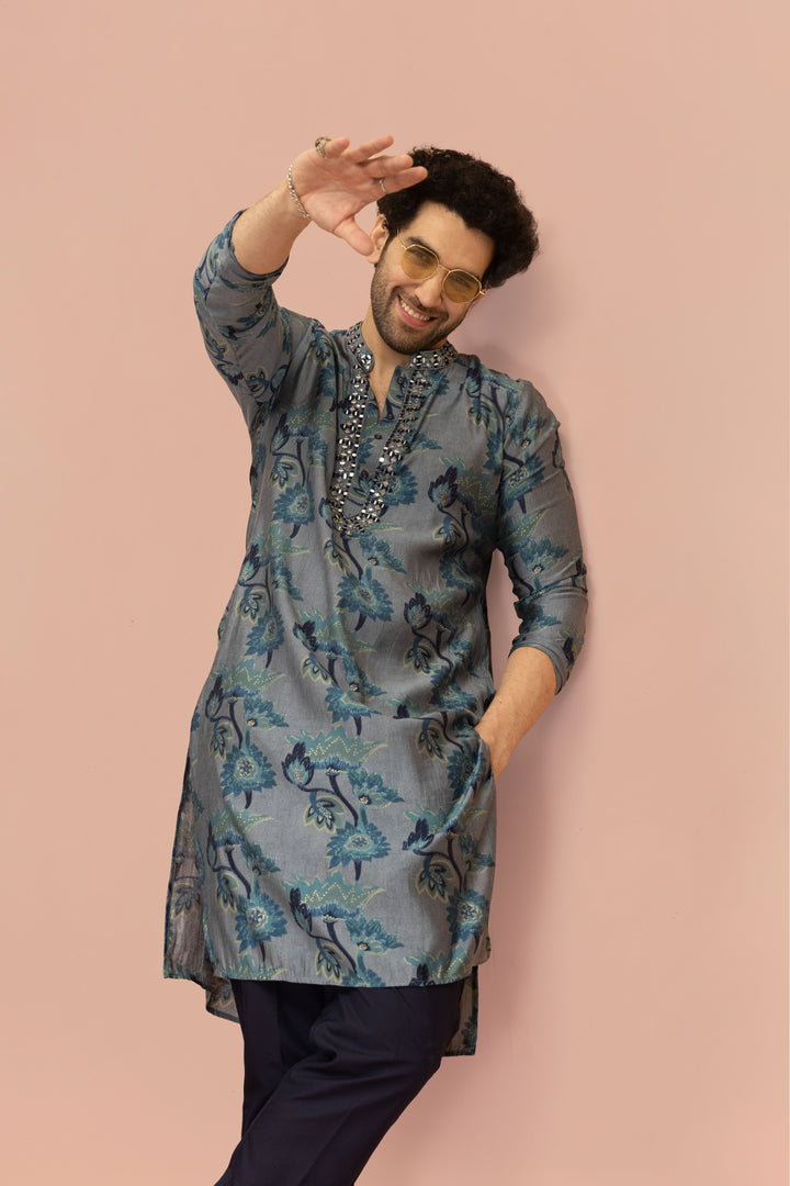 Grey Blue Floral Mirror Work Kurta | SHOBITAM