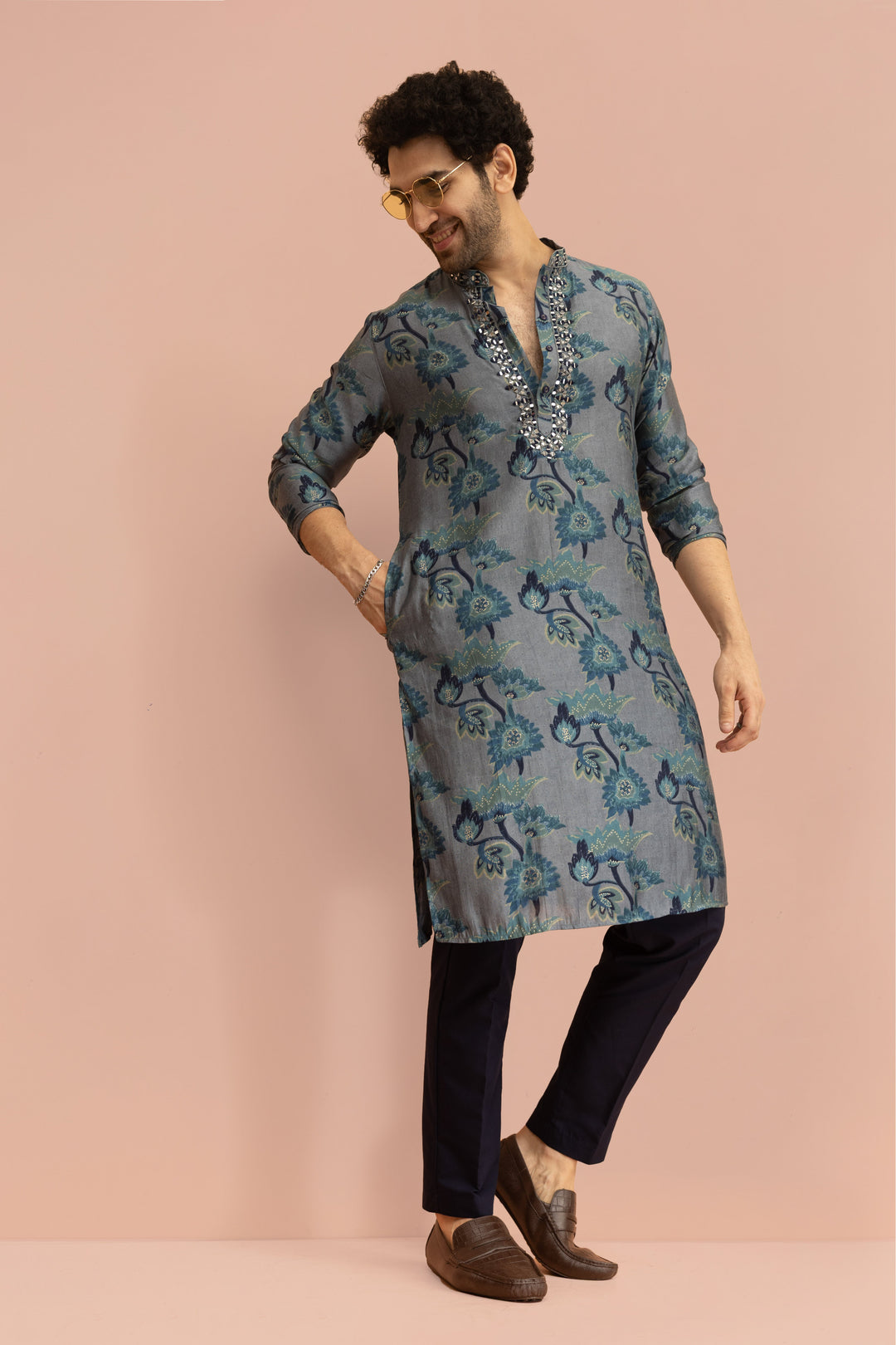 Grey Blue Floral Mirror Work Kurta | SHOBITAM