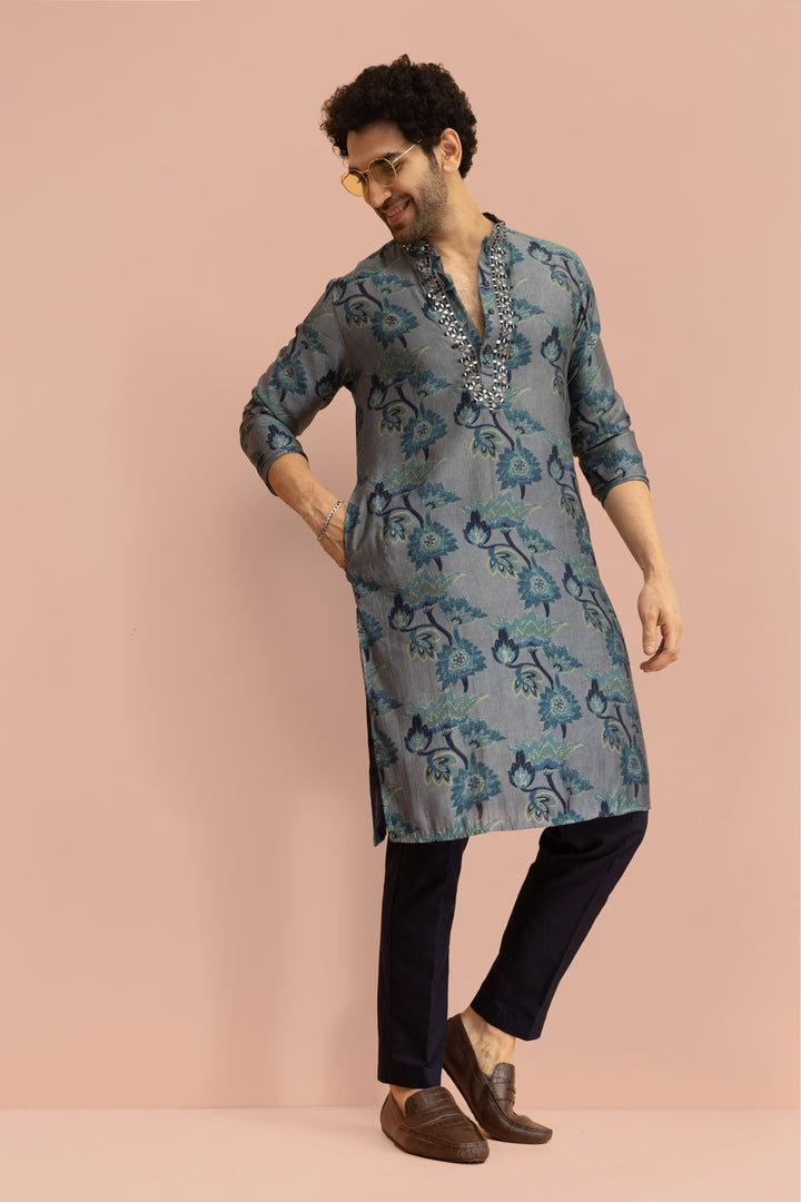 Grey Blue Floral Mirror Work Kurta | SHOBITAM