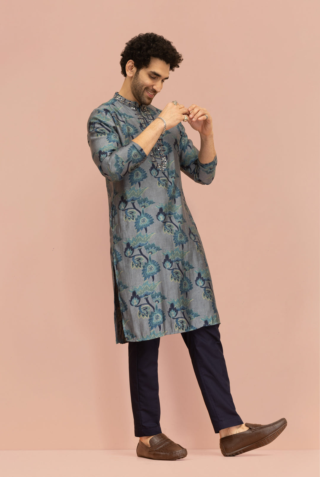 Grey Blue Floral Mirror Work Kurta | SHOBITAM