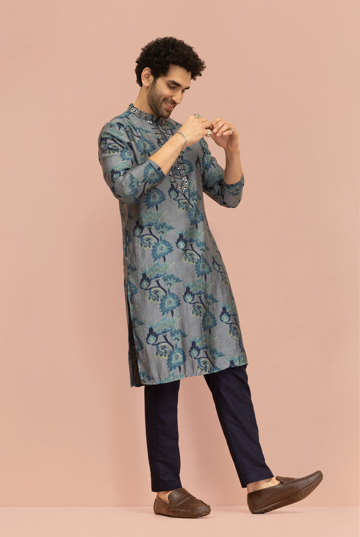 Grey Blue Floral Mirror Work Kurta | SHOBITAM