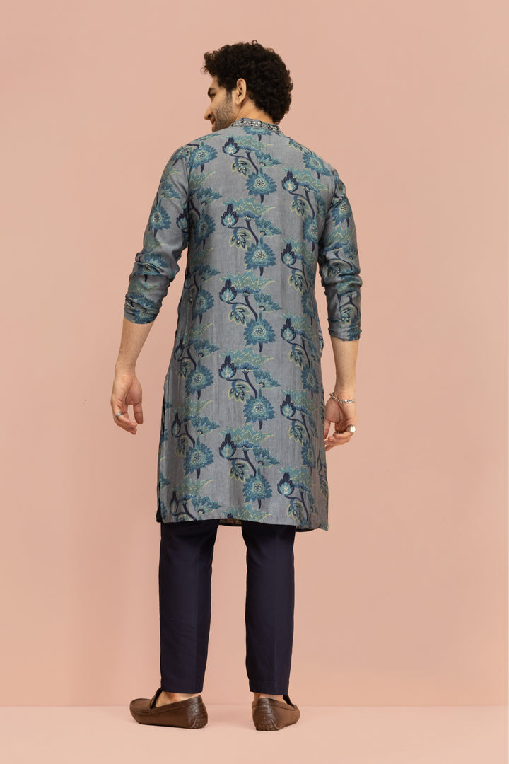Grey Blue Floral Mirror Work Kurta | SHOBITAM