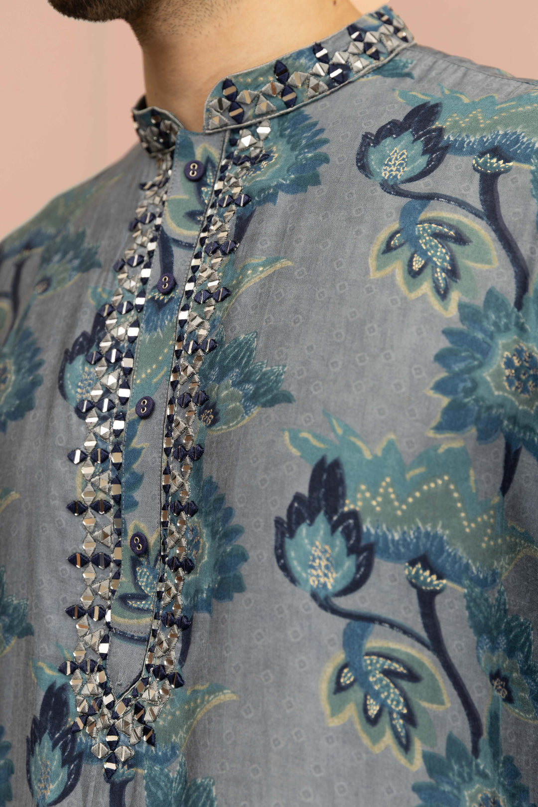 Grey Blue Floral Mirror Work Kurta | SHOBITAM