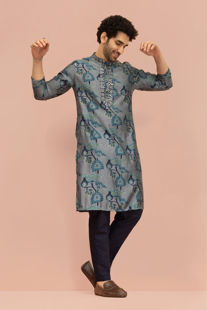 Grey Blue Floral Mirror Work Kurta | SHOBITAM