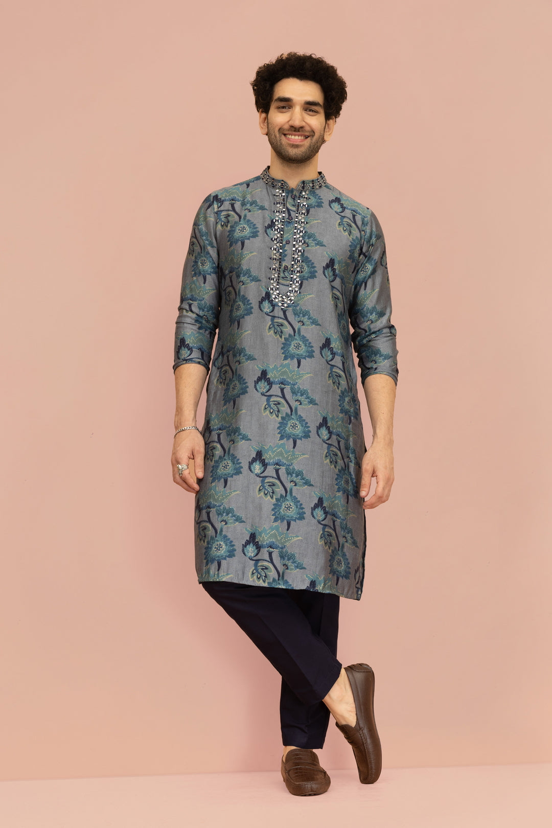 Grey Blue Floral Mirror Work Kurta | SHOBITAM