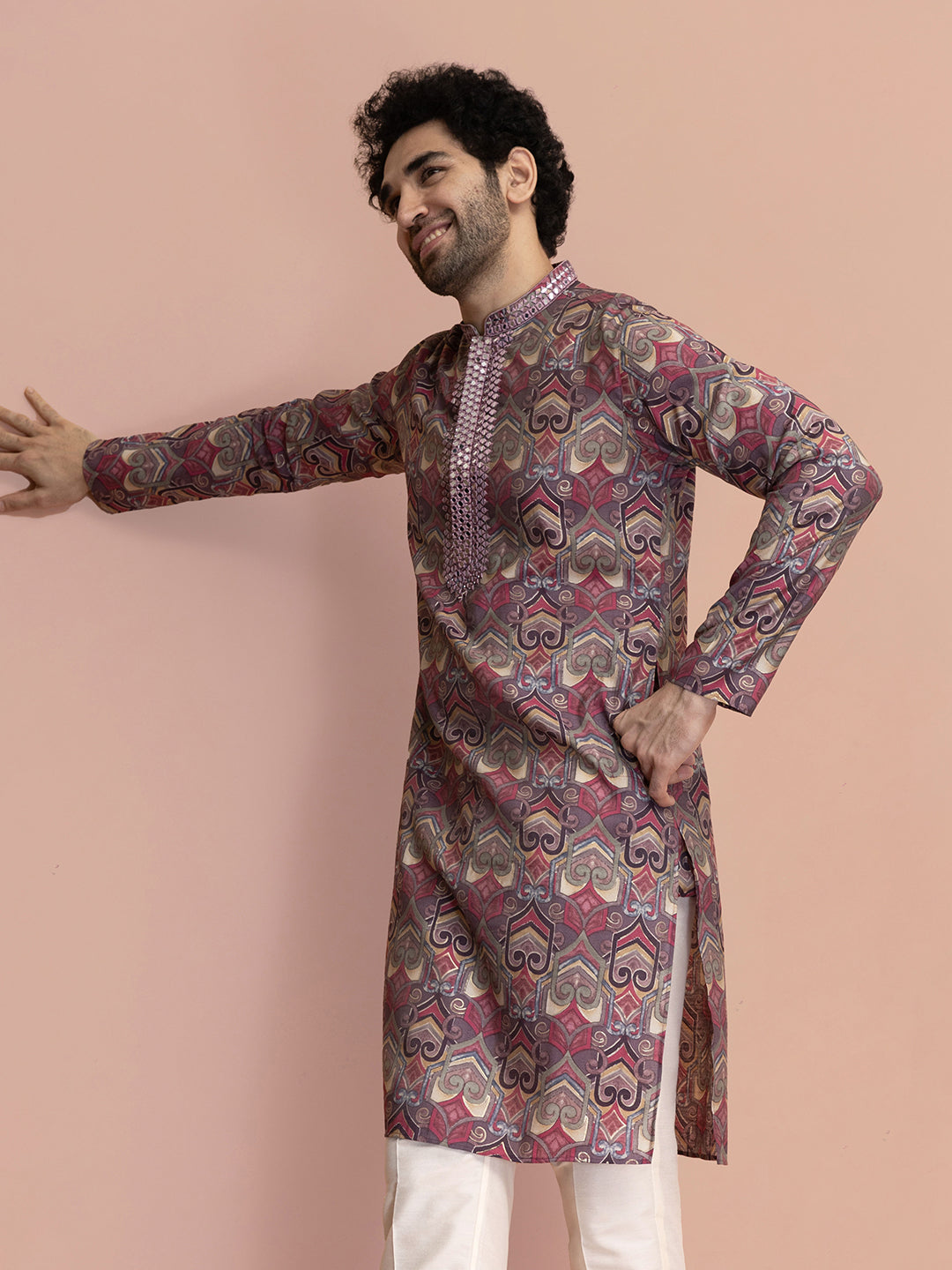 Men Mauve Printed Abstract Kurta | SHOBITAM