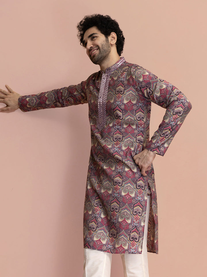 Men Mauve Printed Abstract Kurta | SHOBITAM