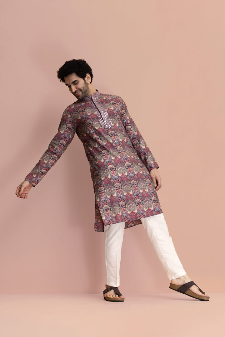 Men Mauve Printed Abstract Kurta | SHOBITAM