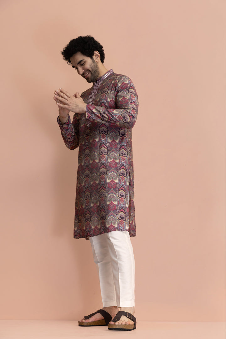 Men Mauve Printed Abstract Kurta | SHOBITAM