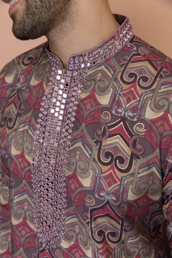 Men Mauve Printed Abstract Kurta | SHOBITAM