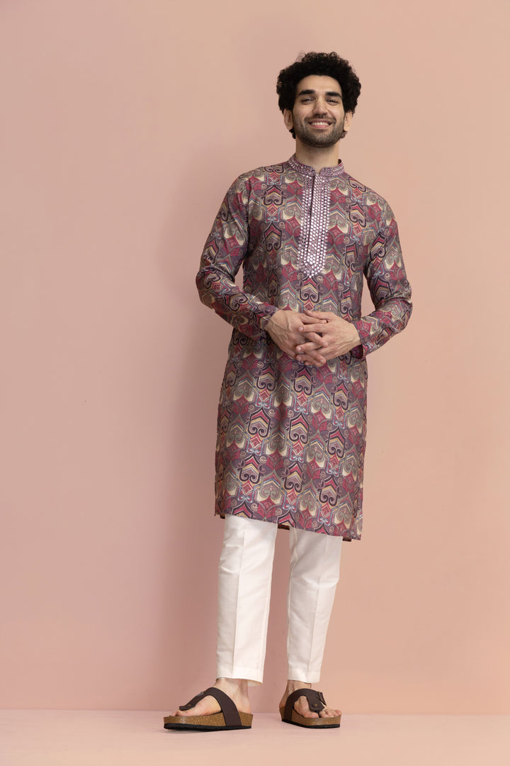 Men Mauve Printed Abstract Kurta | SHOBITAM
