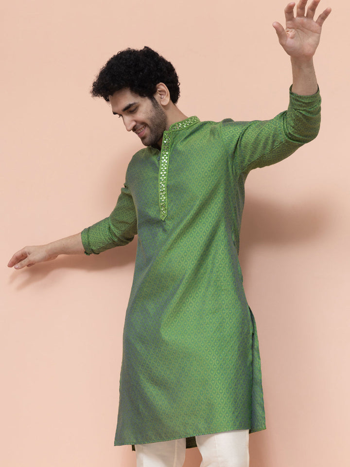 Men Green Ethnic Motifs Mirror work Kurta | SHOBITAM