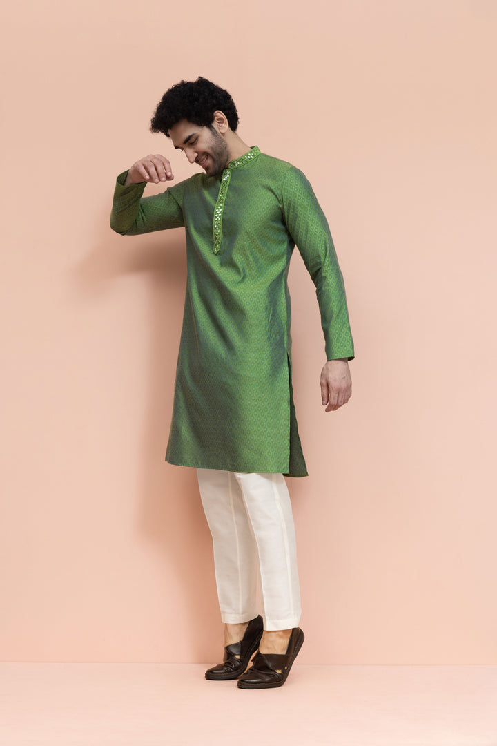 Men Green Ethnic Motifs Mirror work Kurta | SHOBITAM