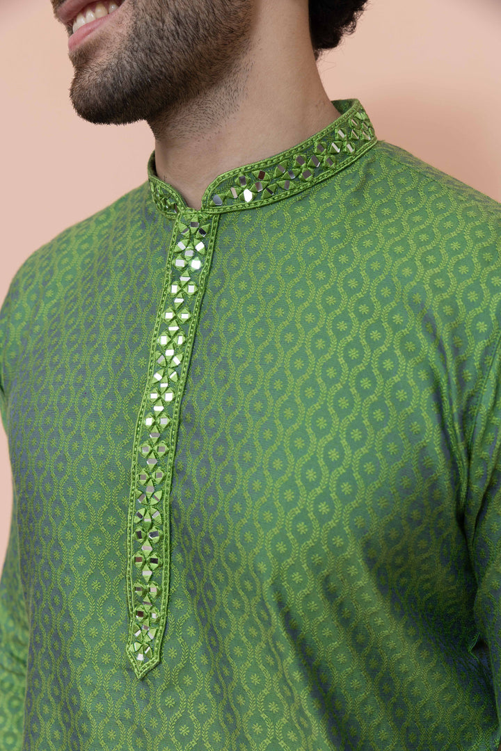 Men Green Ethnic Motifs Mirror work Kurta | SHOBITAM