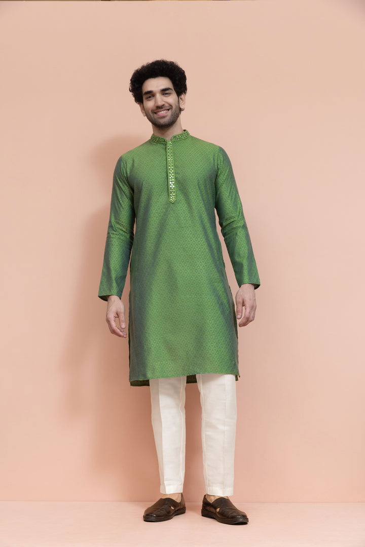 Men Green Ethnic Motifs Mirror work Kurta | SHOBITAM