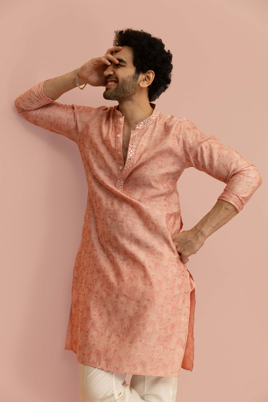 Peach Paisley Print Mirror Work Kurta | SHOBITAM